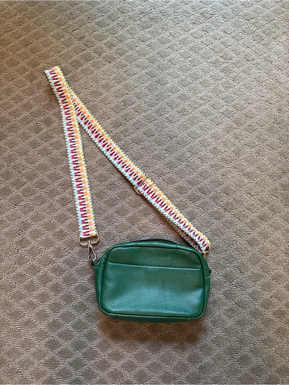 Green Pebbled Leather Crossbody Bag with Multicolor Woven Strap